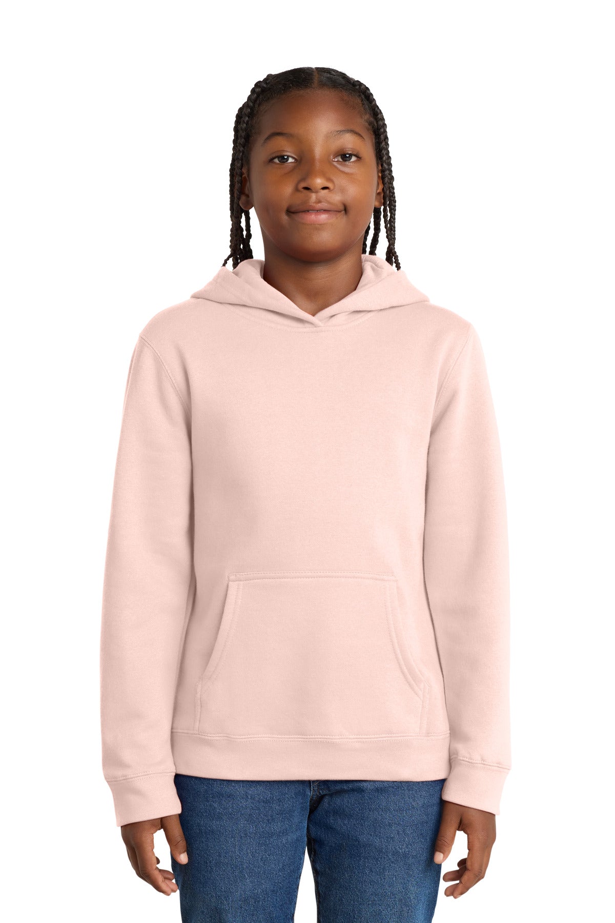 Front View of Rosewater Pink District Youth V.I.T. Fleece Hoodie DT6100Y