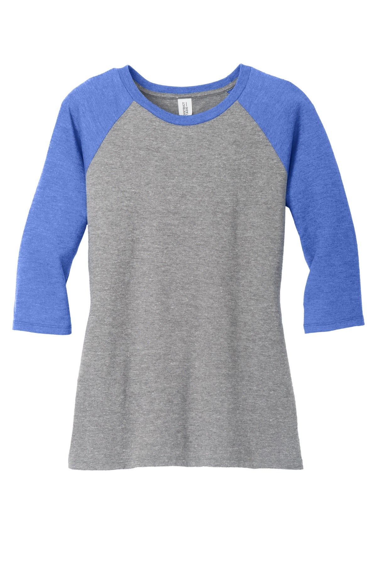 Front View of Royal Fr/Gy Fr District Women's Perfect Tri 3/4-Sleeve Raglan. DM136L
