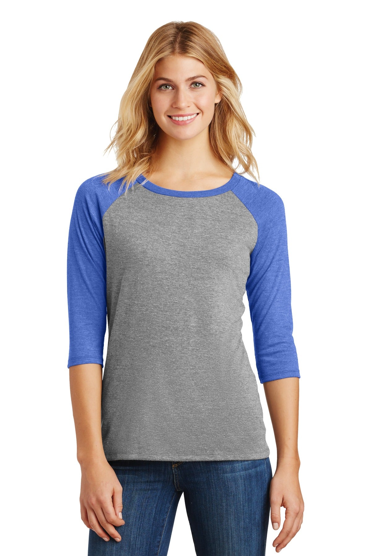 Front View of Royal Fr/Gy Fr District Women's Perfect Tri 3/4-Sleeve Raglan. DM136L