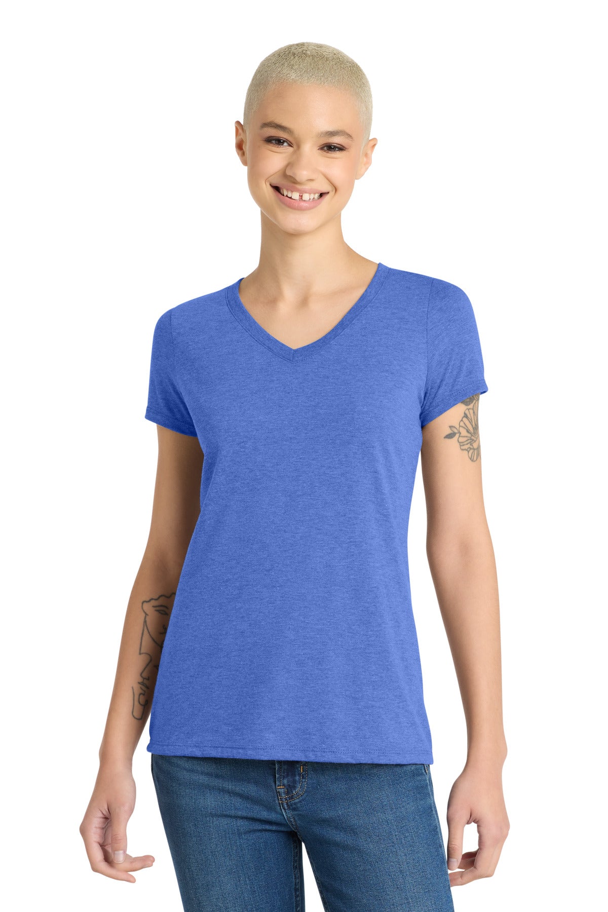Front View of Royal Frost District Women's Perfect Tri V-Neck Tee. DM1350L