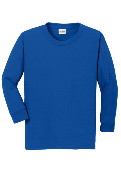 Front View of Royal Gildan Youth Heavy Cotton 100% Cotton Long Sleeve T-Shirt. 5400B