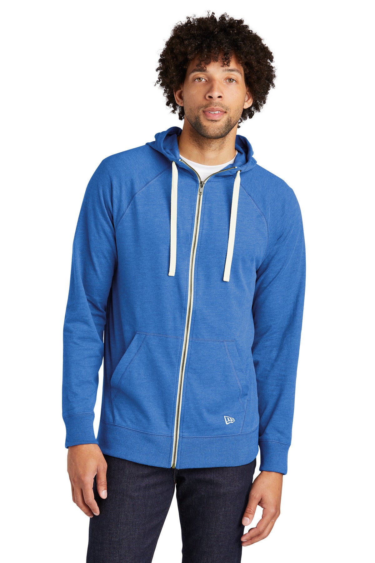 Front View of Royal Heather New Era Sueded Cotton Blend Full-Zip Hoodie. NEA122