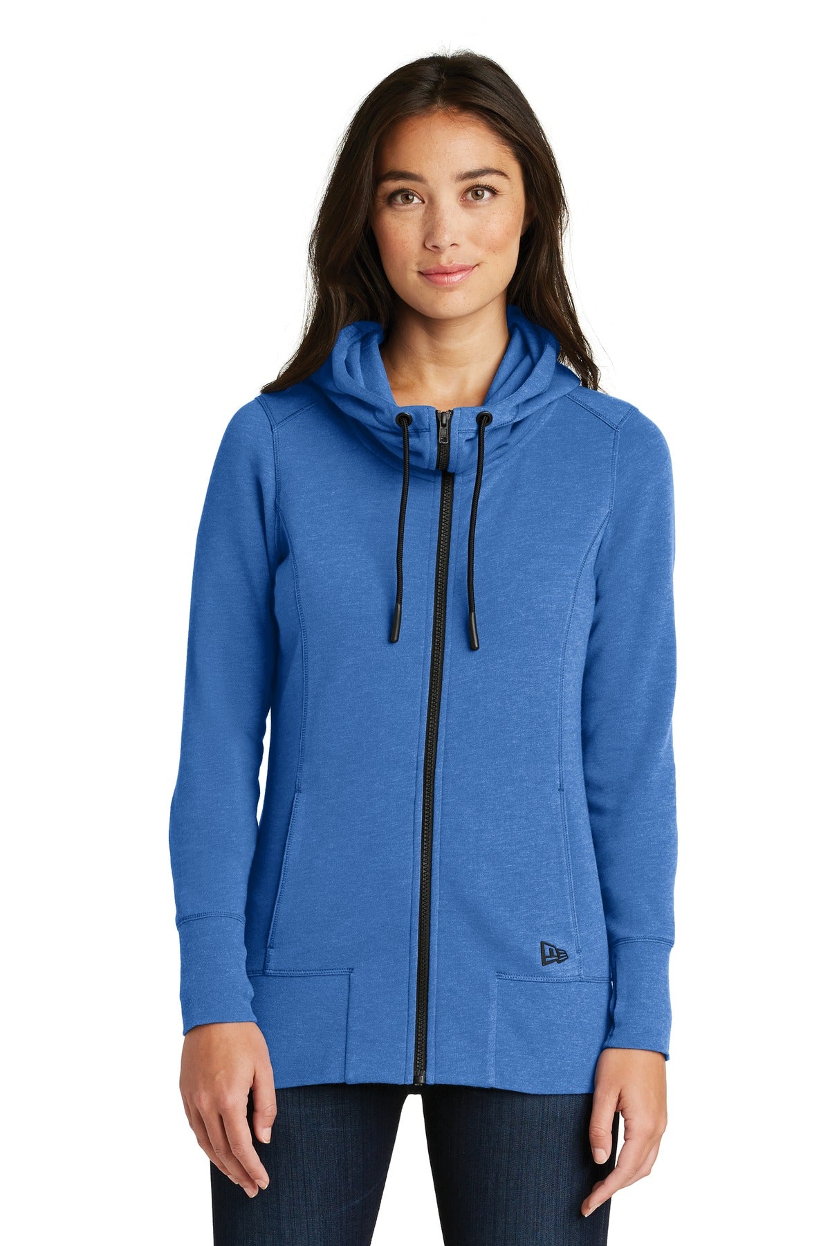 Front View of Royal Heather New Era Women's Tri-Blend Fleece Full-Zip Hoodie. LNEA511