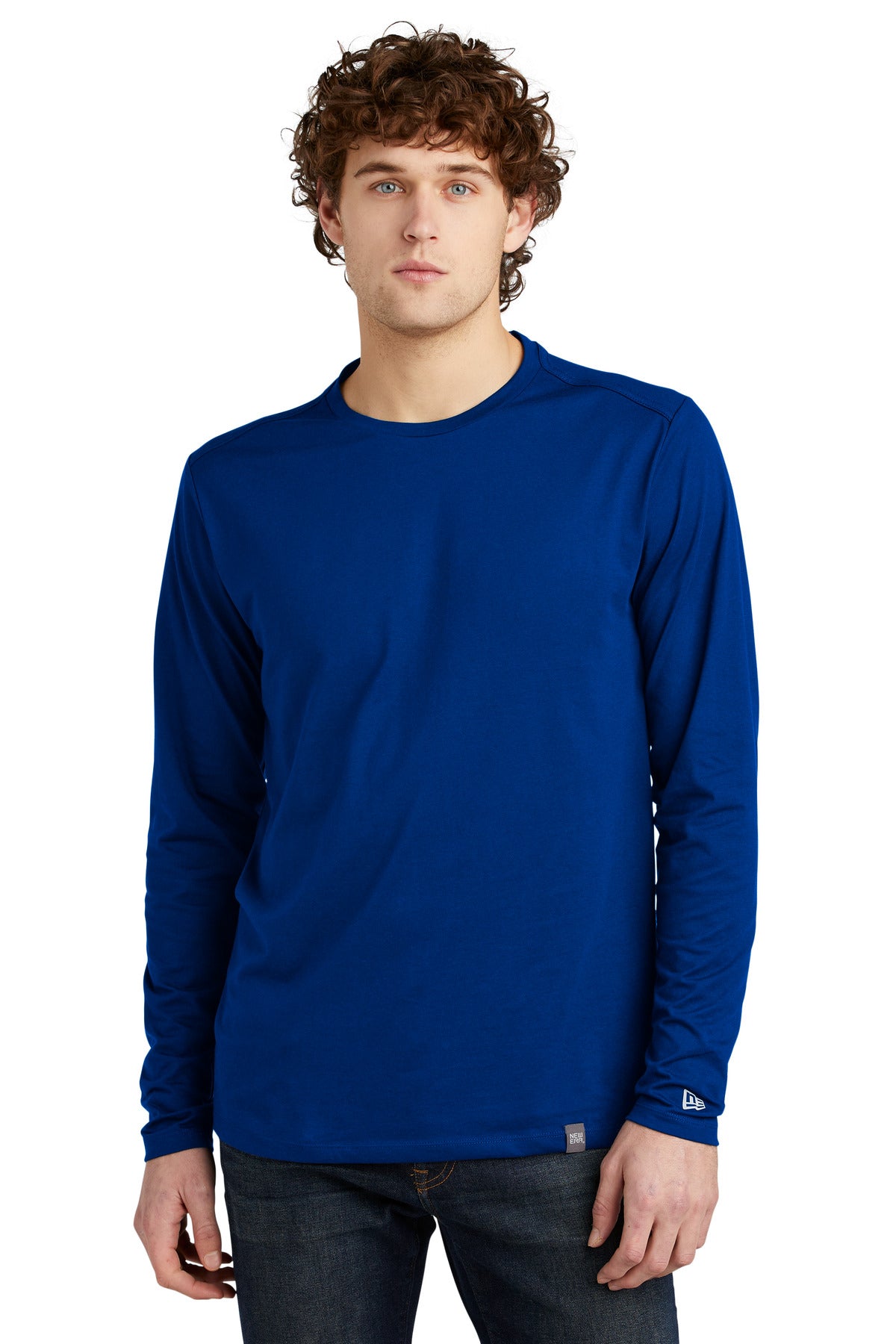 Front View of Royal New Era Heritage Blend Long Sleeve Crew Tee. NEA102
