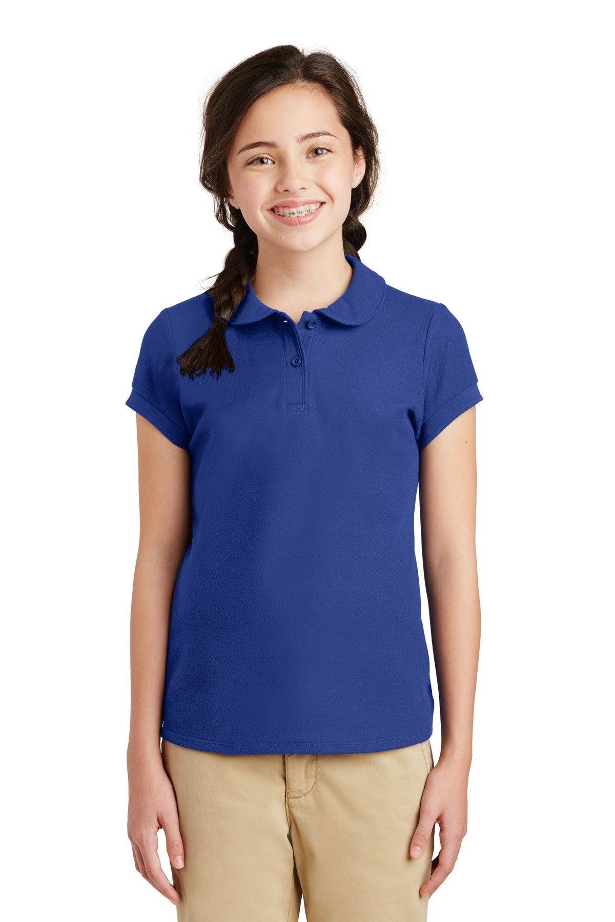 Front View of Royal Port Authority Girls Silk Touch Peter Pan Collar Polo. YG503