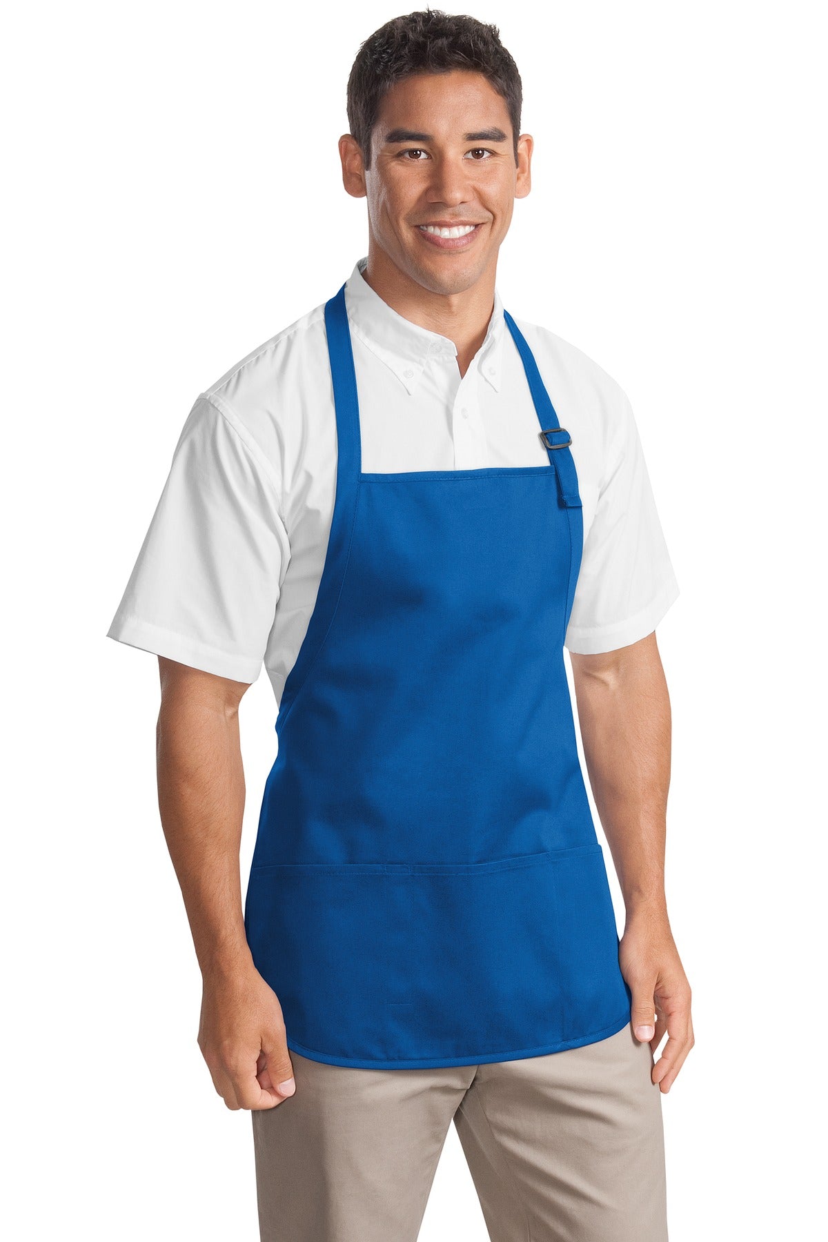 Front View of Royal Port Authority Medium-Length Apron with Pouch Pockets. A510