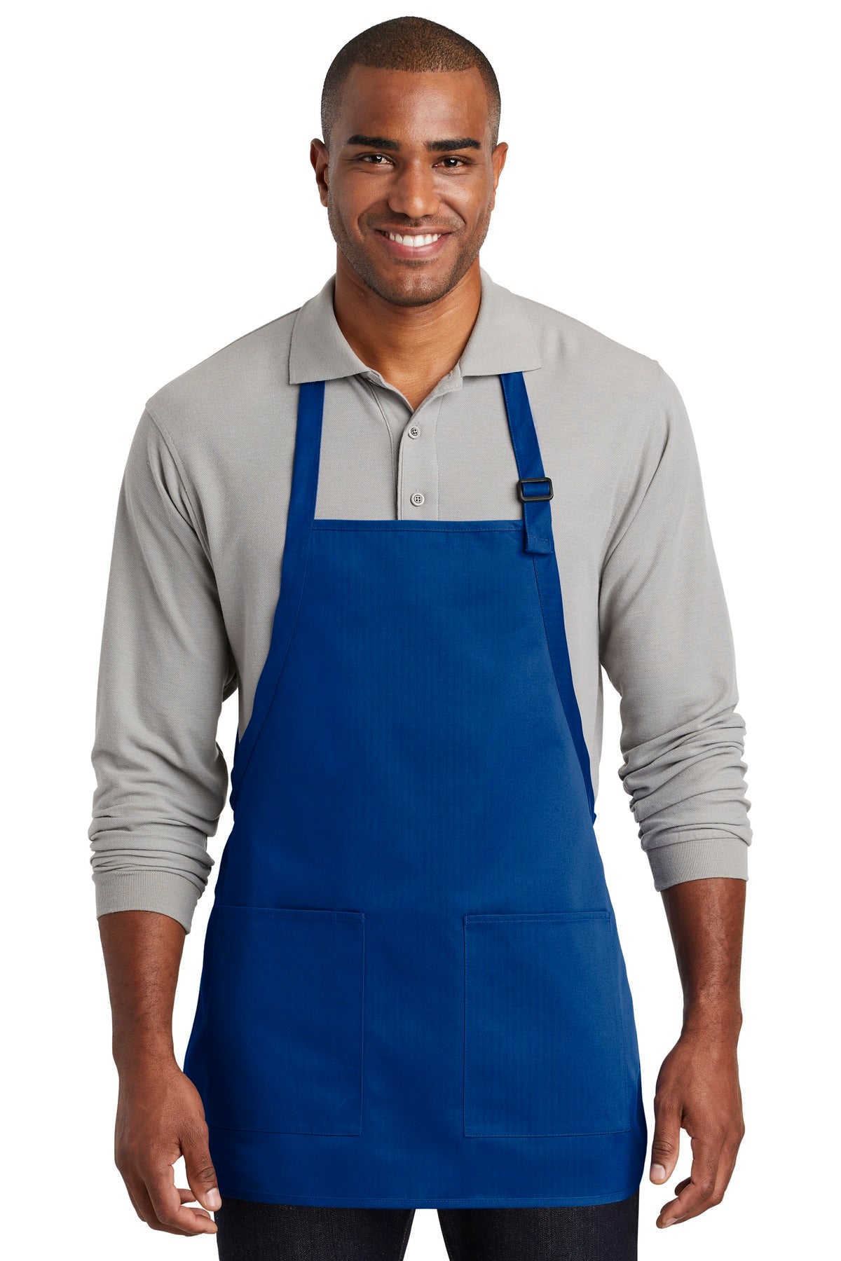 Front View of Royal Port Authority Medium-Length Two-Pocket Bib Apron. A601