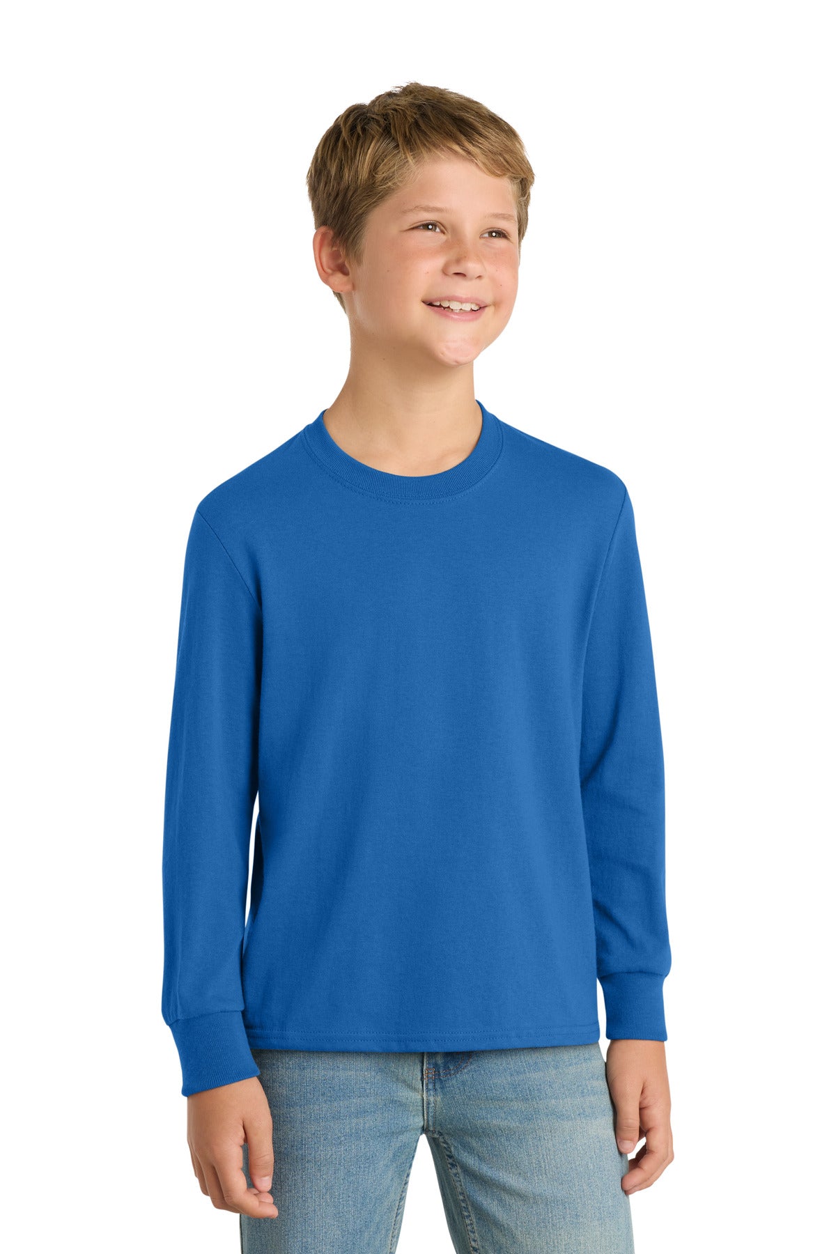 Front View of Royal Port & Company Youth Long Sleeve Core Cotton Tee. PC54YLS