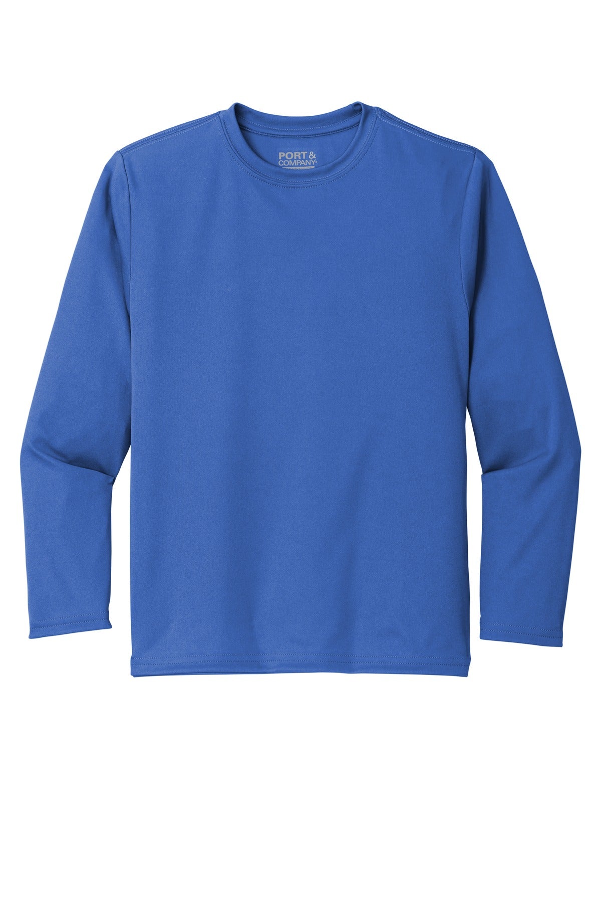 Front View of Royal Port & Company Youth Long Sleeve Performance Tee PC380YLS