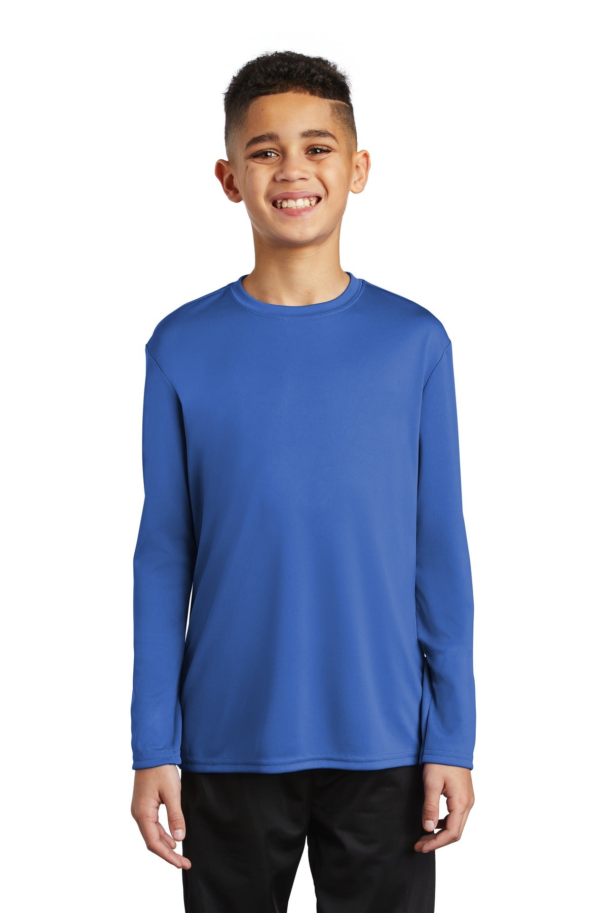 Front View of Royal Port & Company Youth Long Sleeve Performance Tee PC380YLS