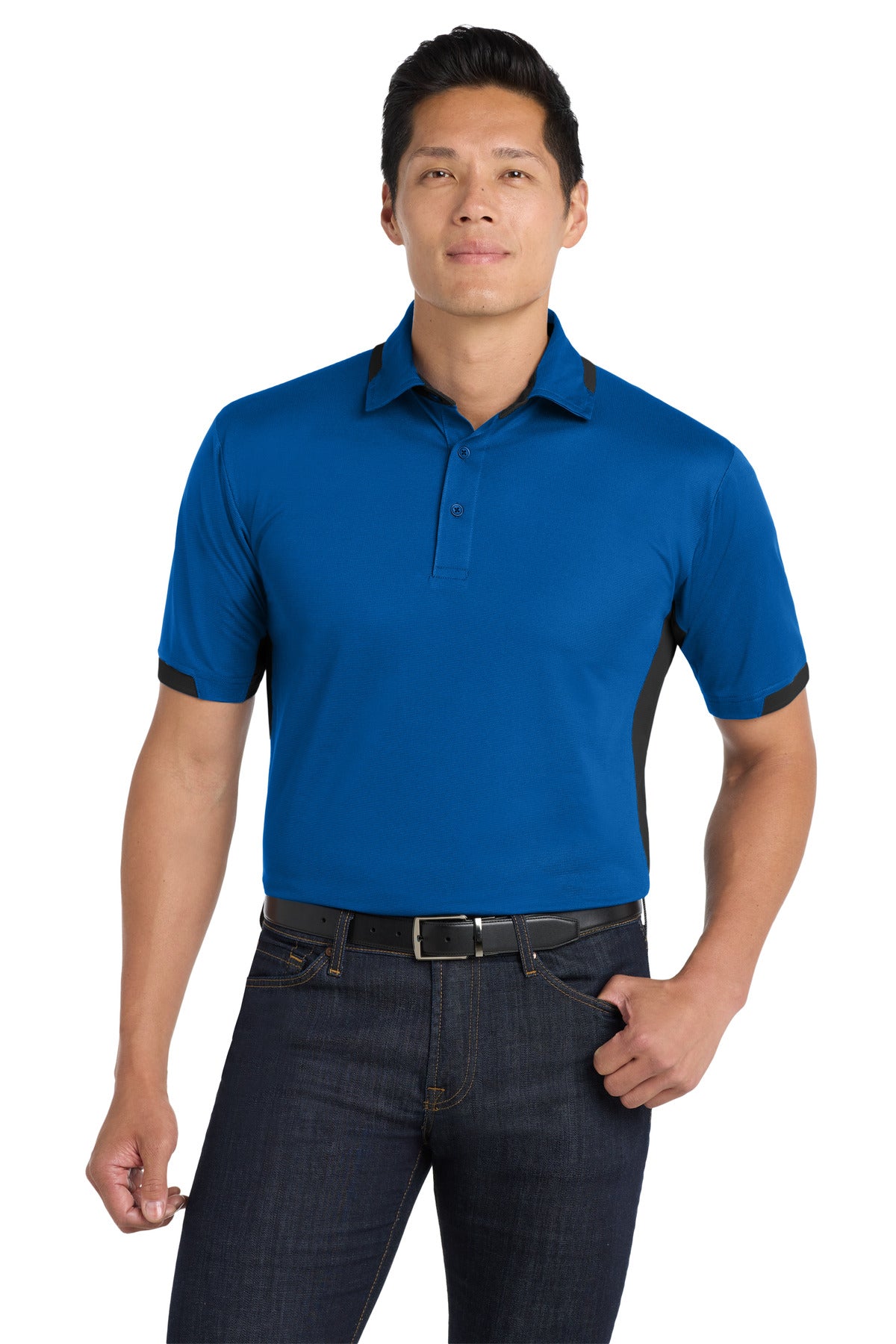 Front View of Royal/Black Port Authority Dry Zone Colorblock Ottoman Polo. K524