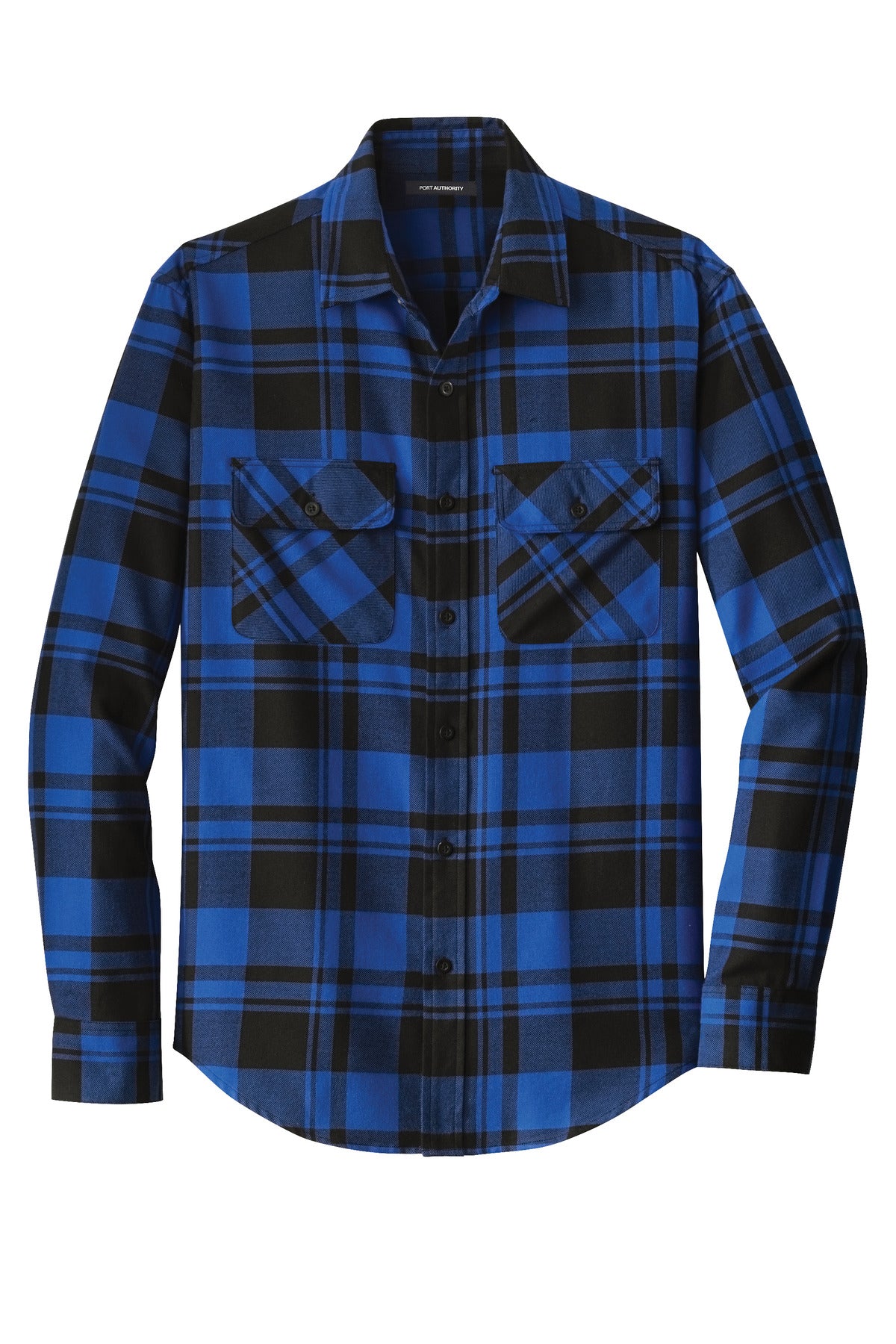 Front View of Royal/Black Port Authority Plaid Flannel Shirt. W668