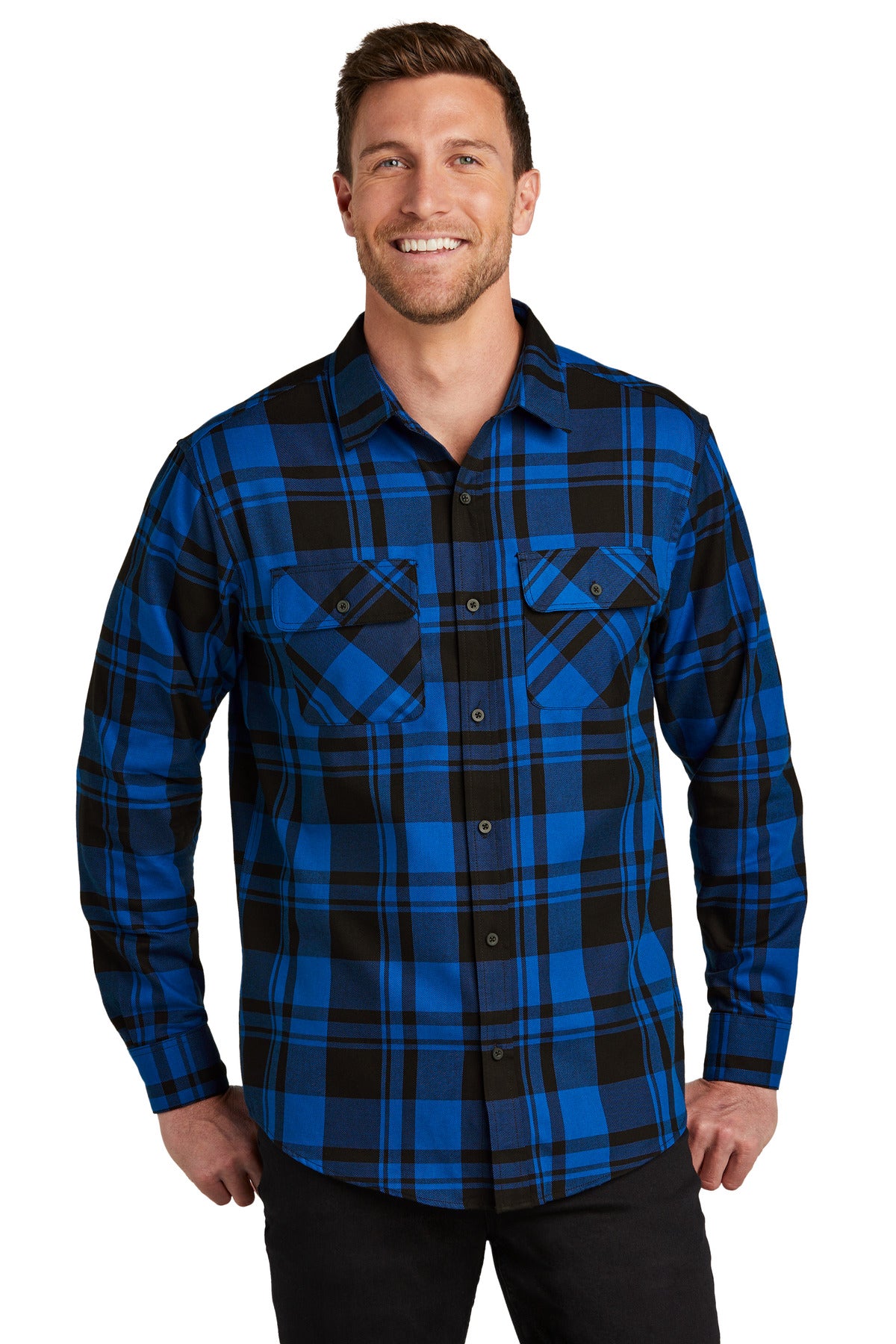 Front View of Royal/Black Port Authority Plaid Flannel Shirt. W668