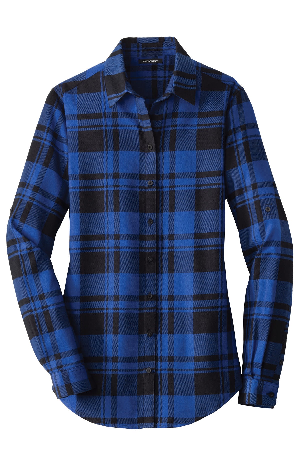 Front View of Royal/Black Port Authority Women's Plaid Flannel Tunic . LW668