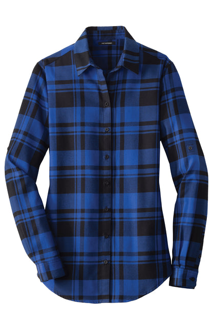 Front View of Royal/Black Port Authority Women's Plaid Flannel Tunic . LW668