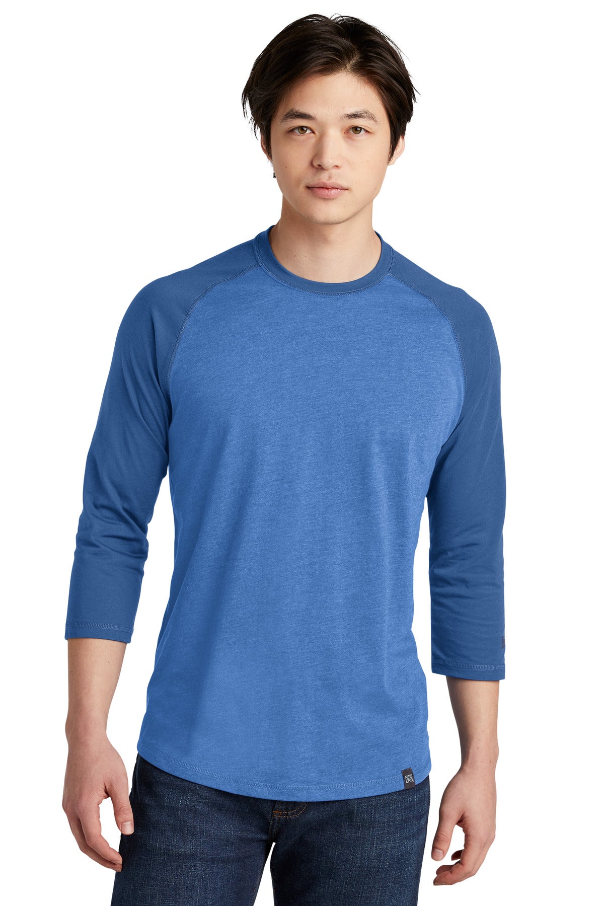 Front View of Royal/Royal He New Era Heritage Blend 3/4-Sleeve Baseball Raglan Tee. NEA104