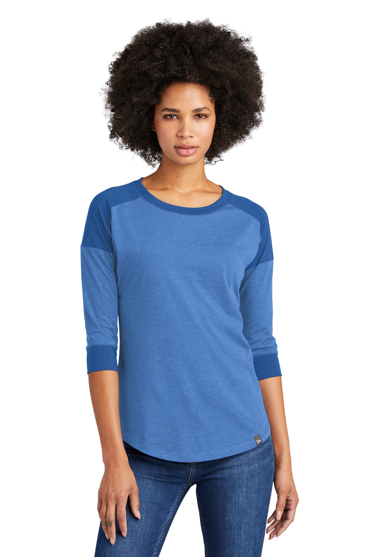 Front View of Royal/Royal He New Era Women's Heritage Blend 3/4-Sleeve Baseball Raglan Tee. LNEA104