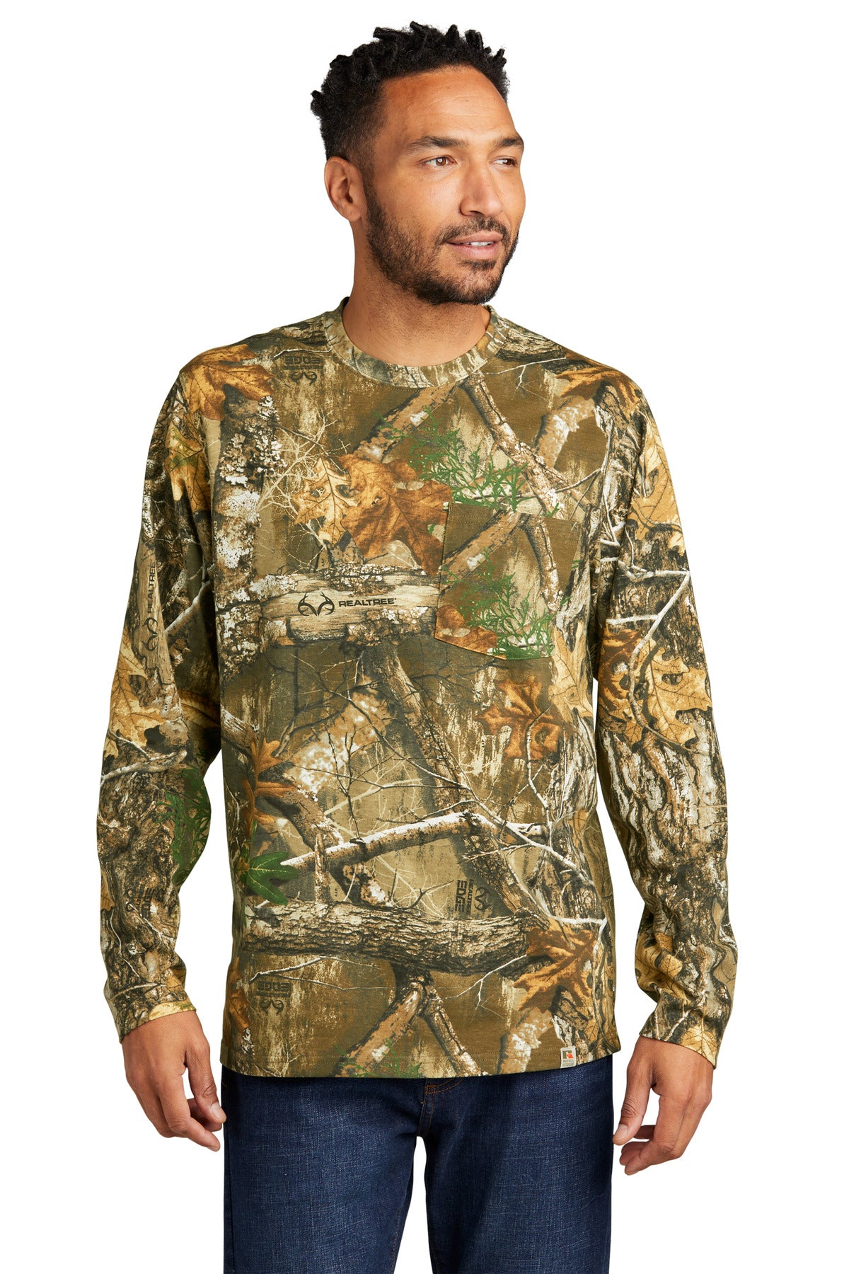 Front View of RTEdge Russell Outdoors Realtree Long Sleeve Pocket Tee RU100LSP