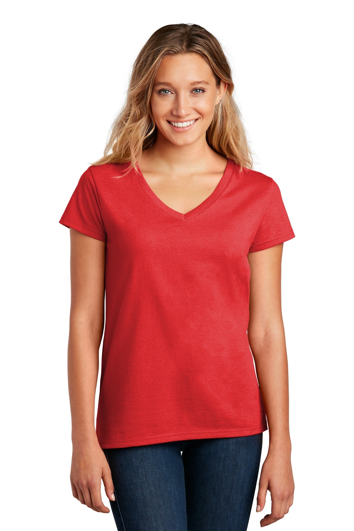Front View of Ruby Red District Women's Re-Tee V-Neck DT8001