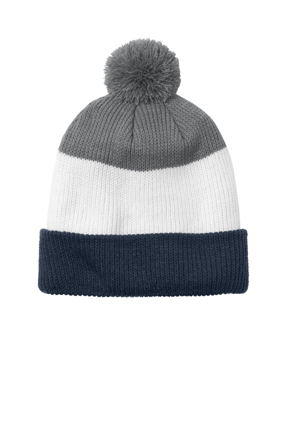 Front View of RvBN/M/GsG Port Authority Cozy Striped Pom Beanie C979