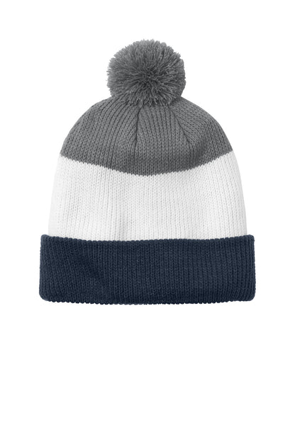 Front View of RvBN/M/GsG Port Authority Cozy Striped Pom Beanie C979