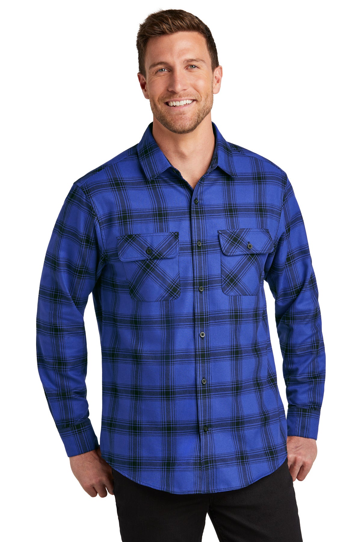 Front View of Ry/BkOpPld Port Authority Plaid Flannel Shirt. W668