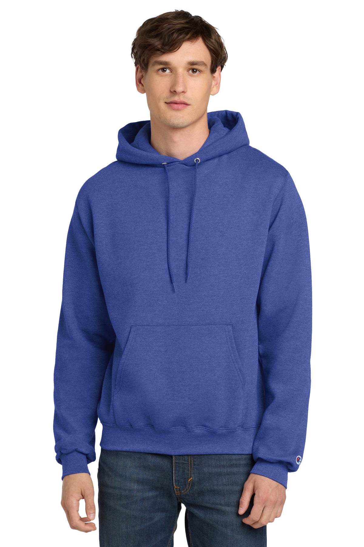 Front View of RylBluHthr Champion Powerblend Pullover Hoodie. S700