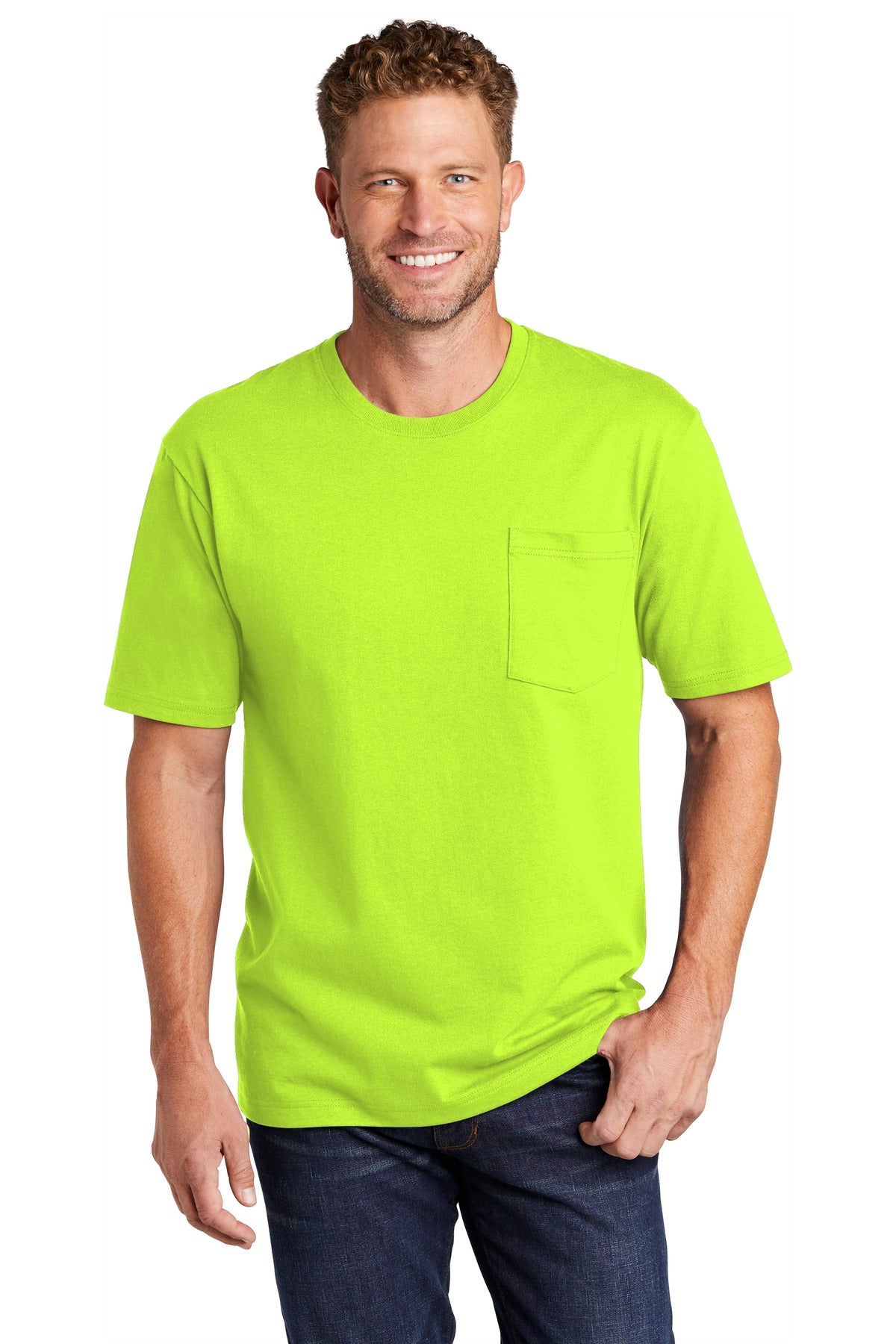 Front View of Safety Green CornerStone Workwear Pocket Tee CS430