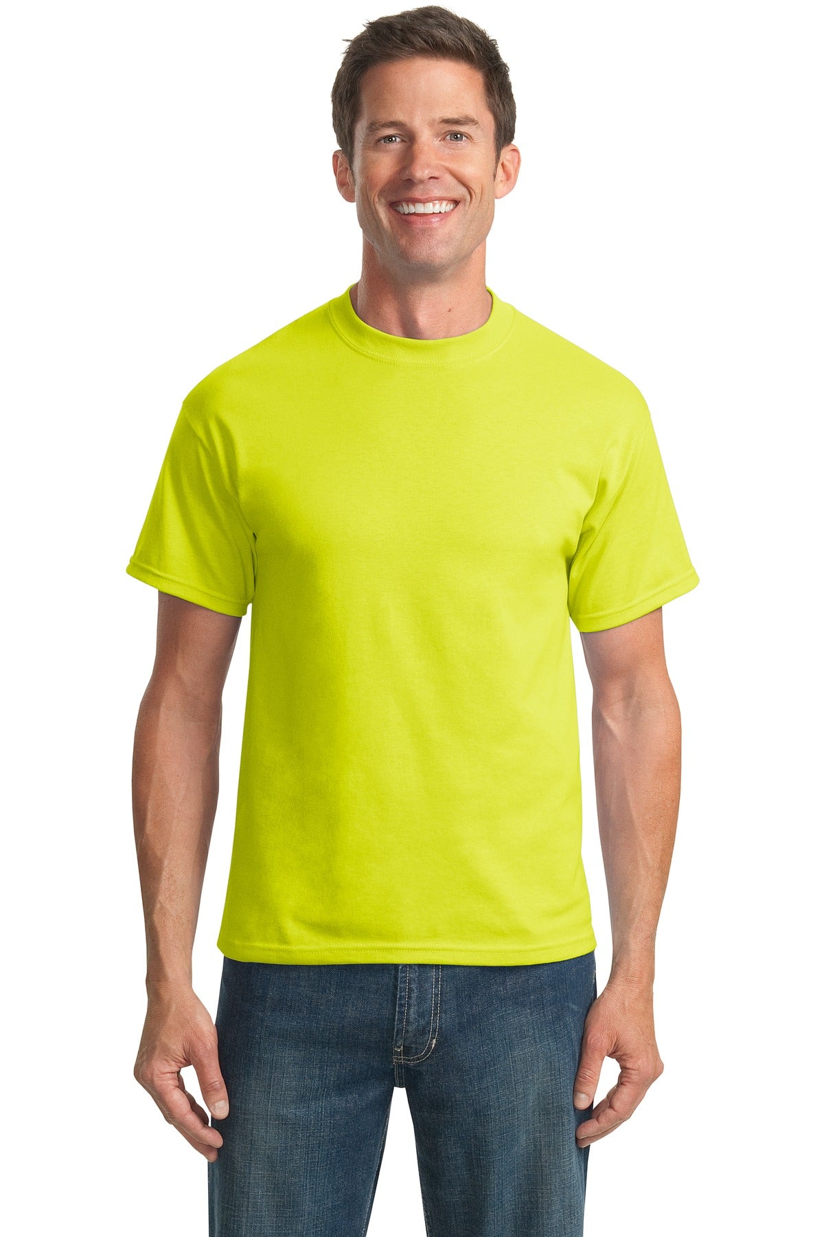 Front View of Safety Green Port & Company Tall Core Blend Tee. PC55T