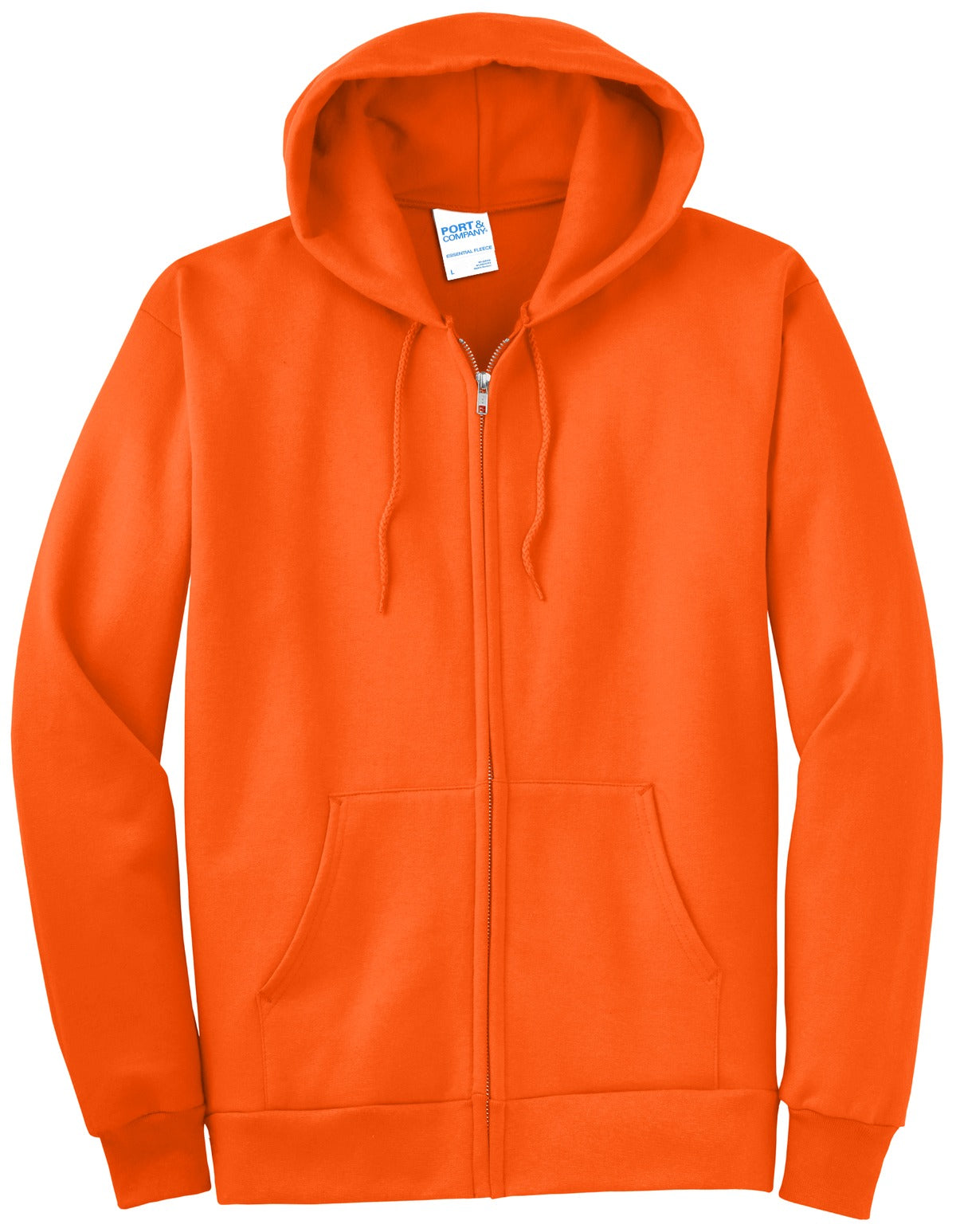 Front View of Safety Orange Port & Company Essential Fleece Full-Zip Hooded Sweatshirt. PC90ZH