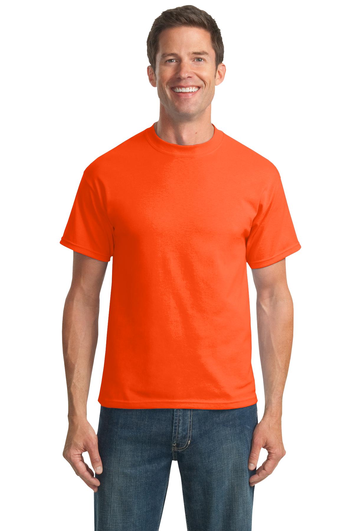 Front View of Safety Orange Port & Company Tall Core Blend Tee. PC55T