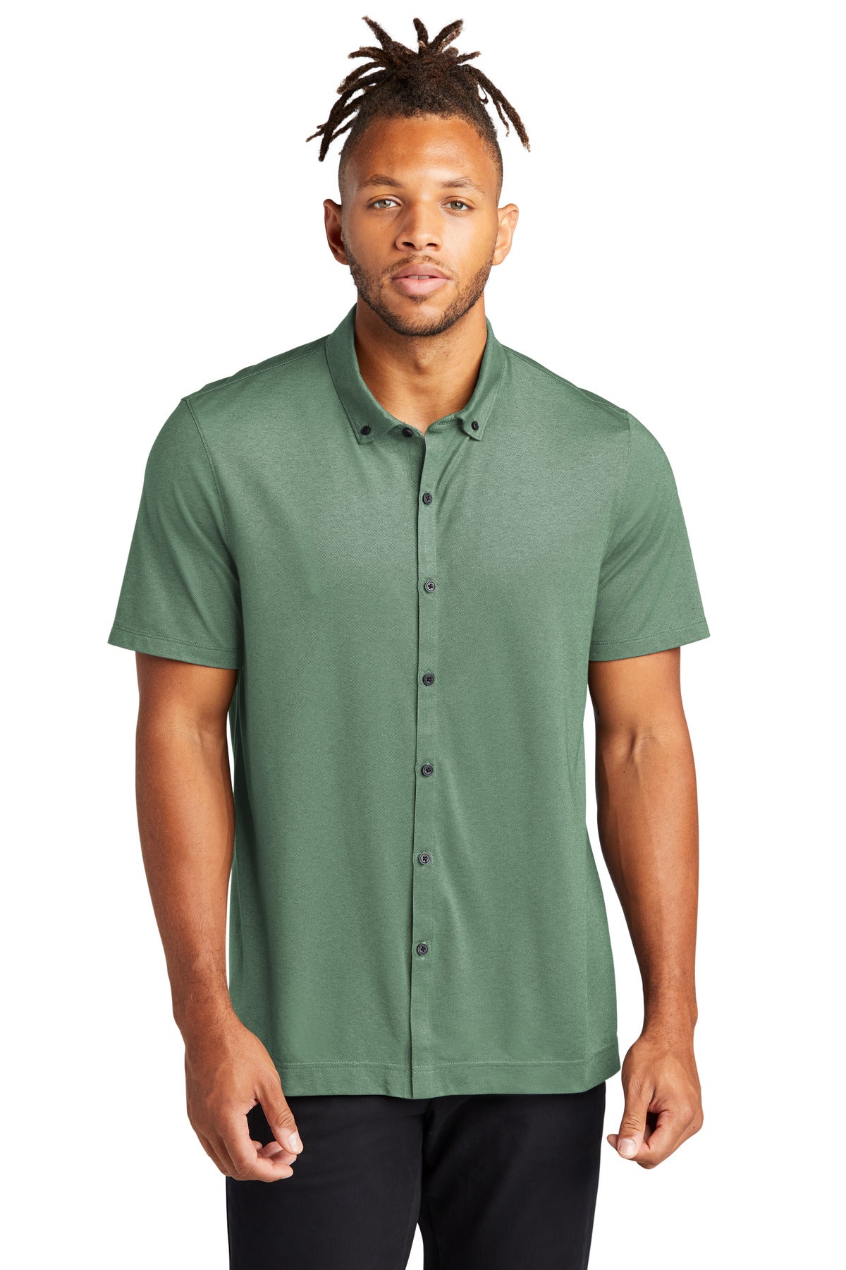 Front View of SageHthr Mercer+Mettle Stretch Pique Full-Button Polo MM1006