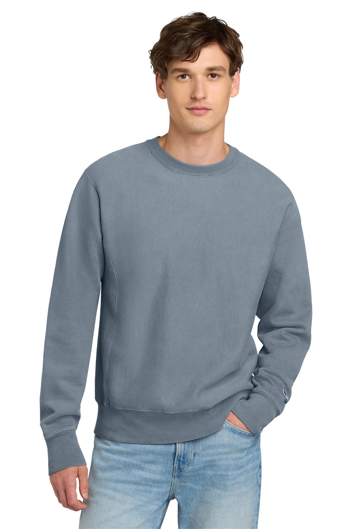 Front View of Saltwater Champion Reverse Weave Garment-Dyed Crewneck Sweatshirt. GDS149