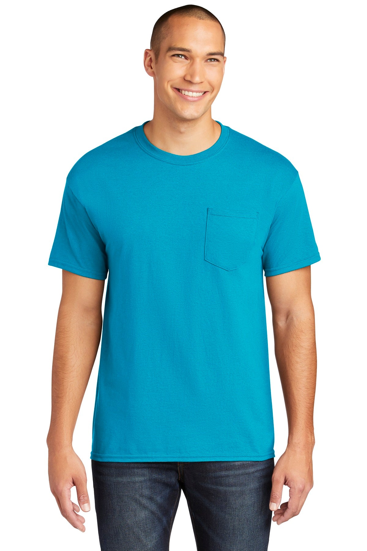 Front View of Sapphire Gildan Heavy Cotton 100% Cotton Pocket T-Shirt. 5300
