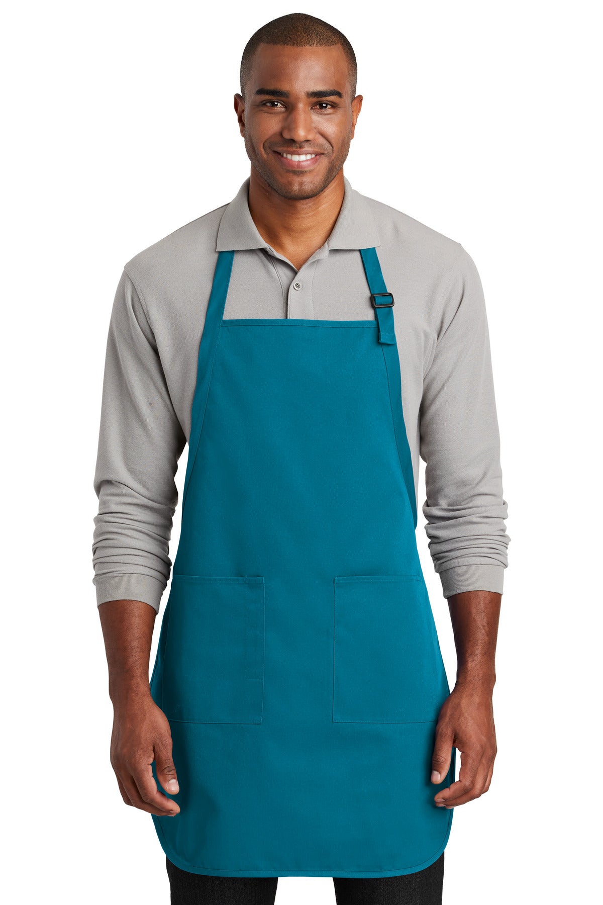 Front View of Sapphire Port Authority Full-Length Two-Pocket Bib Apron. A600