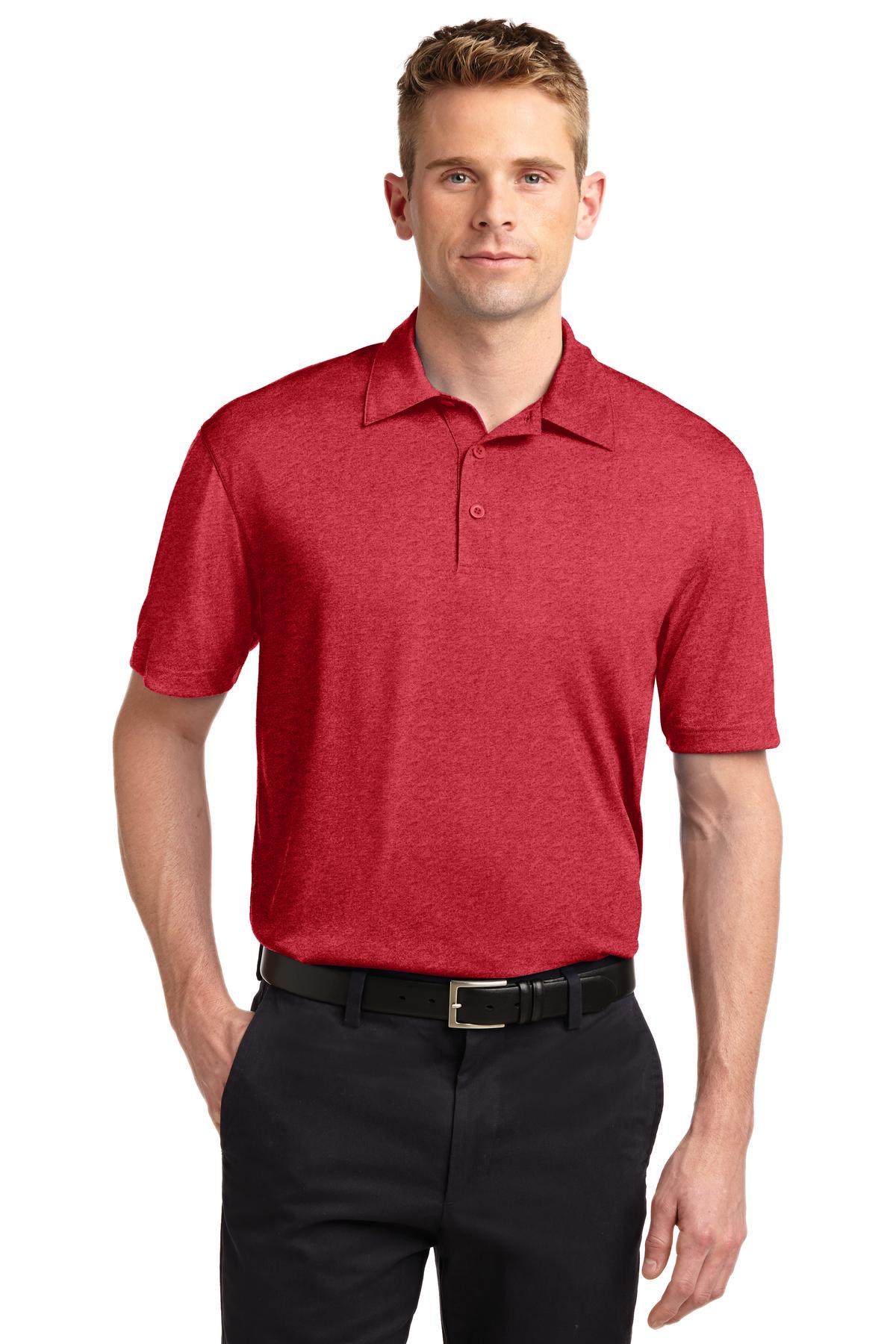 Front View of Scarlet Hthr Sport-Tek Heather Contender Polo. ST660