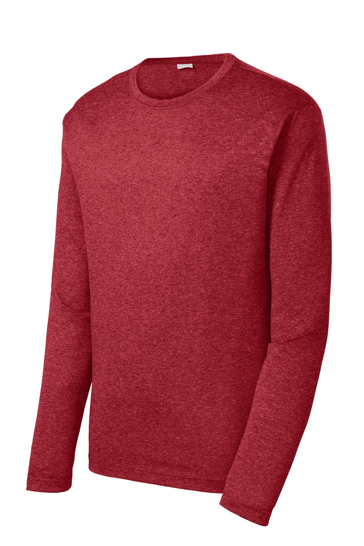 Front View of Scarlet Hthr Sport-Tek Long Sleeve Heather Contender Tee. ST360LS