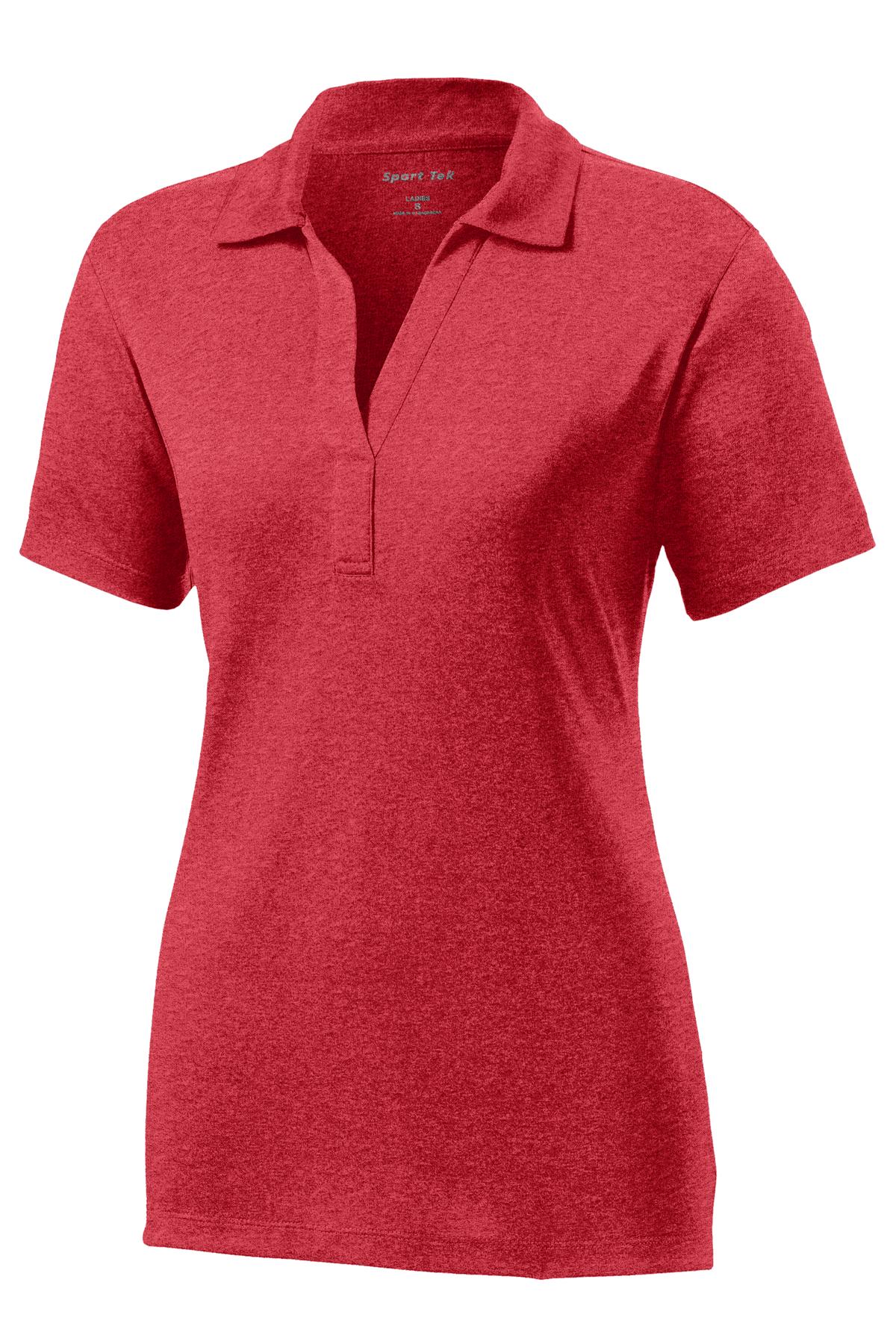 Front View of Scarlet Hthr Sport-Tek Women's Heather Contender Polo. LST660