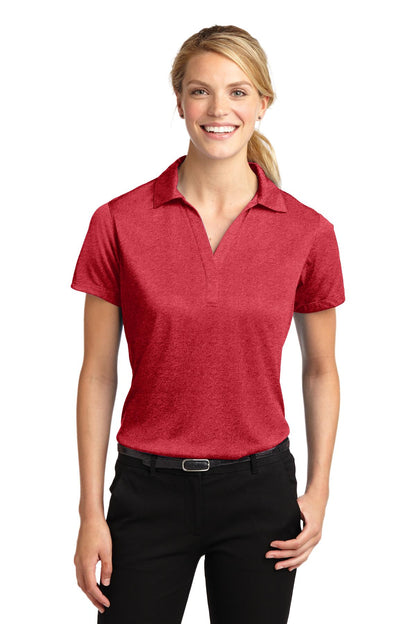 Front View of Scarlet Hthr Sport-Tek Women's Heather Contender Polo. LST660
