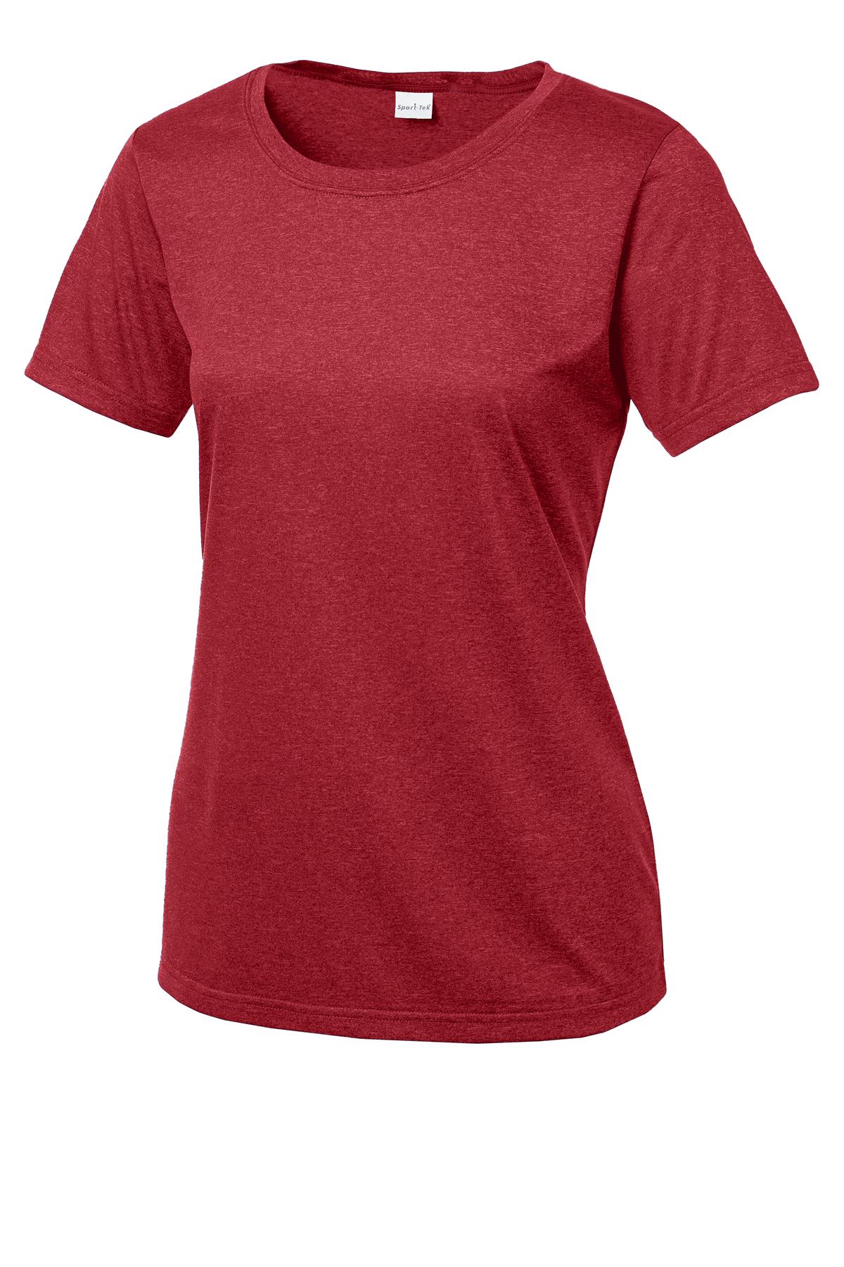 Front View of Scarlet Hthr Sport-Tek Women's Heather Contender Scoop Neck Tee. LST360
