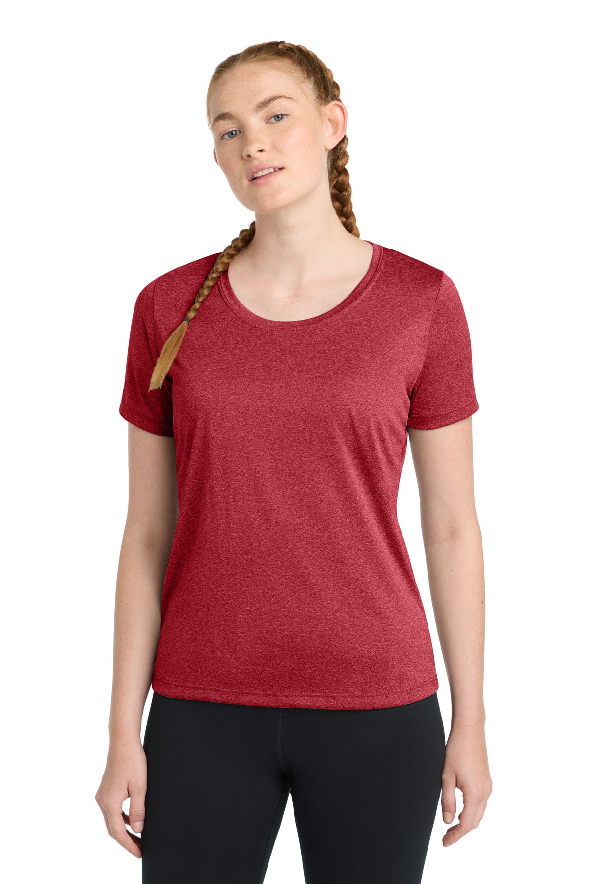 Front View of Scarlet Hthr Sport-Tek Women's Heather Contender Scoop Neck Tee. LST360