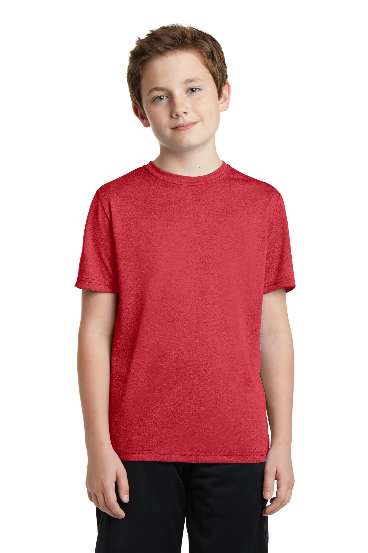 Front View of Scarlet Hthr Sport-Tek Youth Heather Contender Tee. YST360