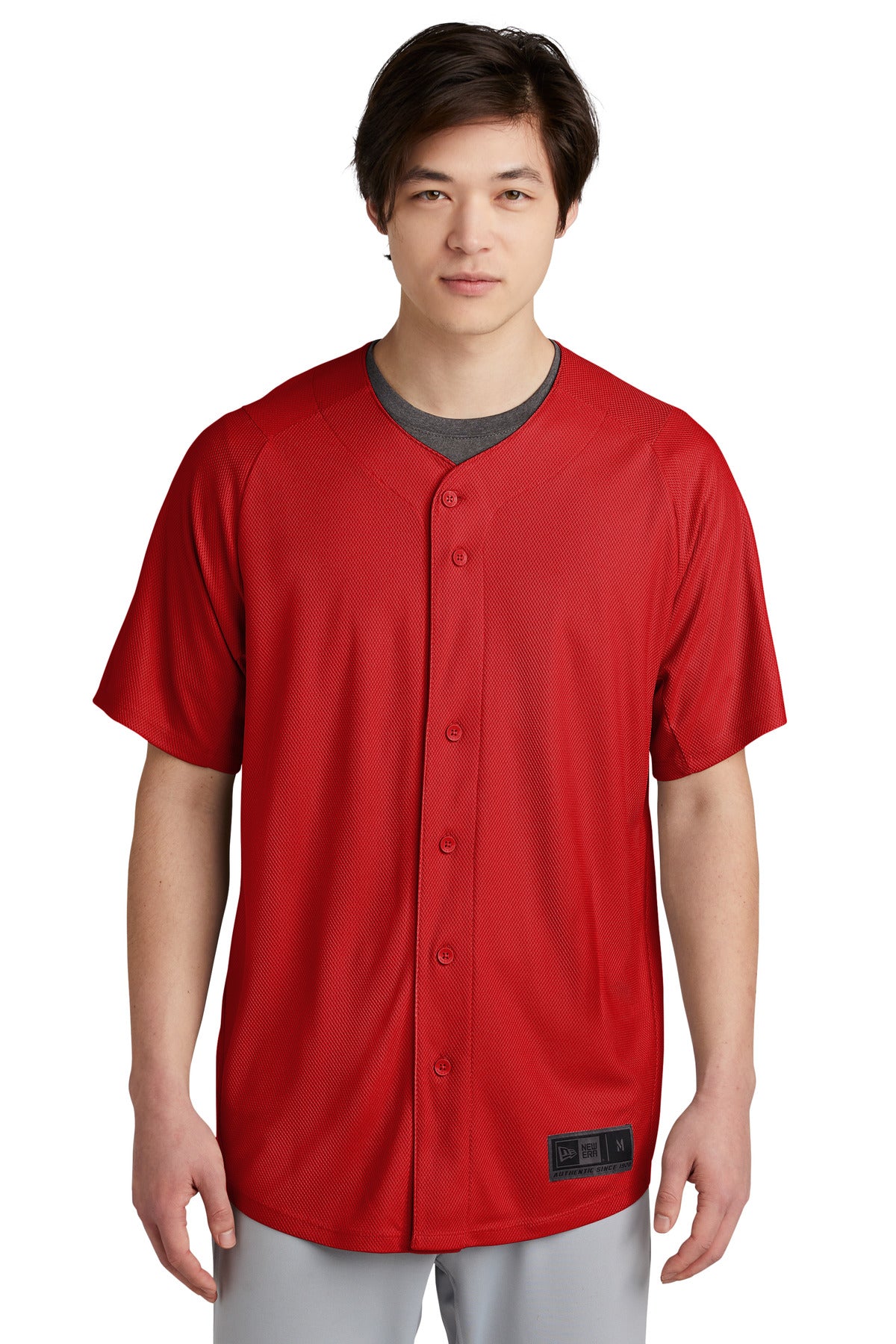 Front View of Scarlet New Era Diamond Era Full-Button Jersey. NEA220