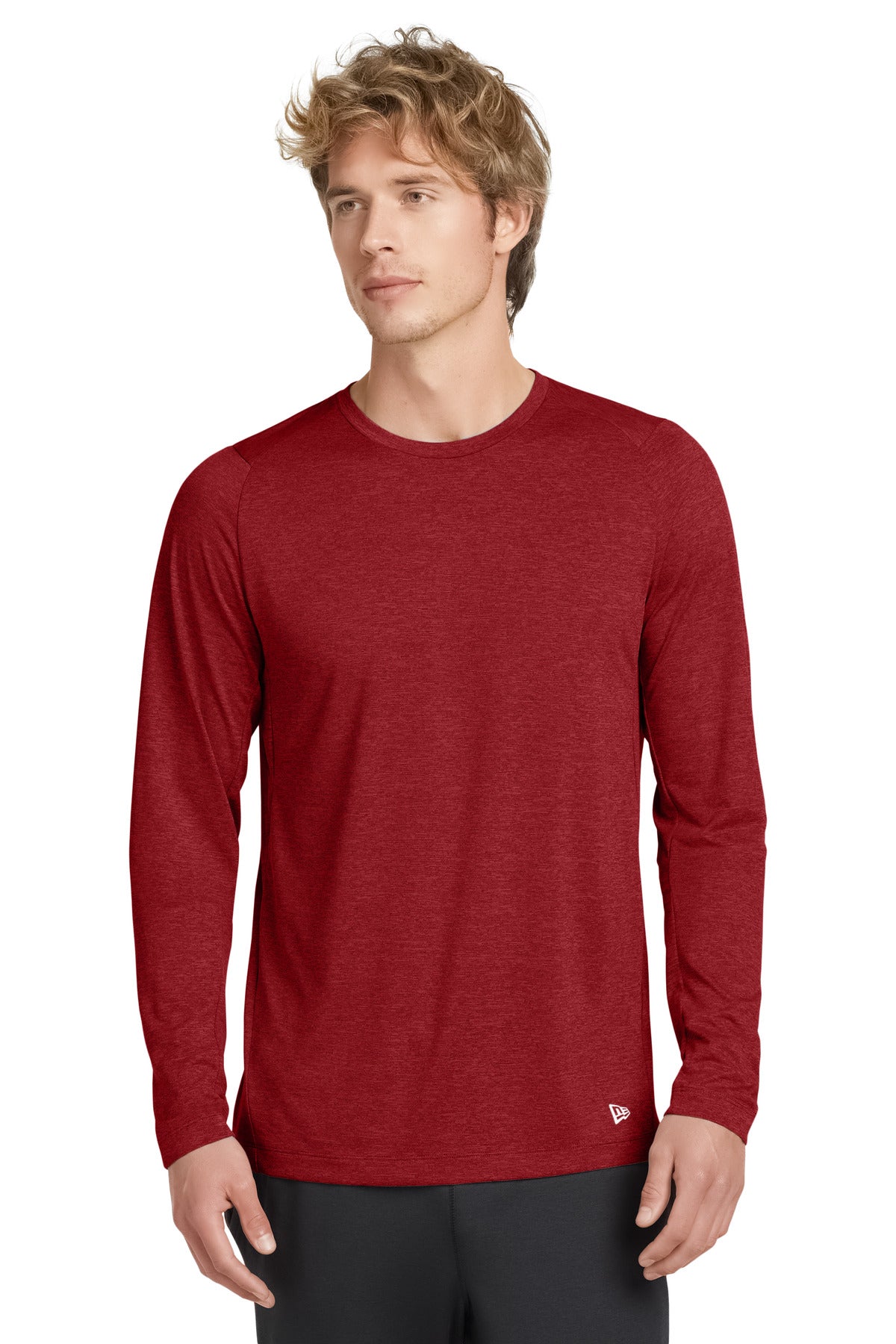 Front View of Scarlet New Era Series Performance Long Sleeve Crew Tee. NEA201