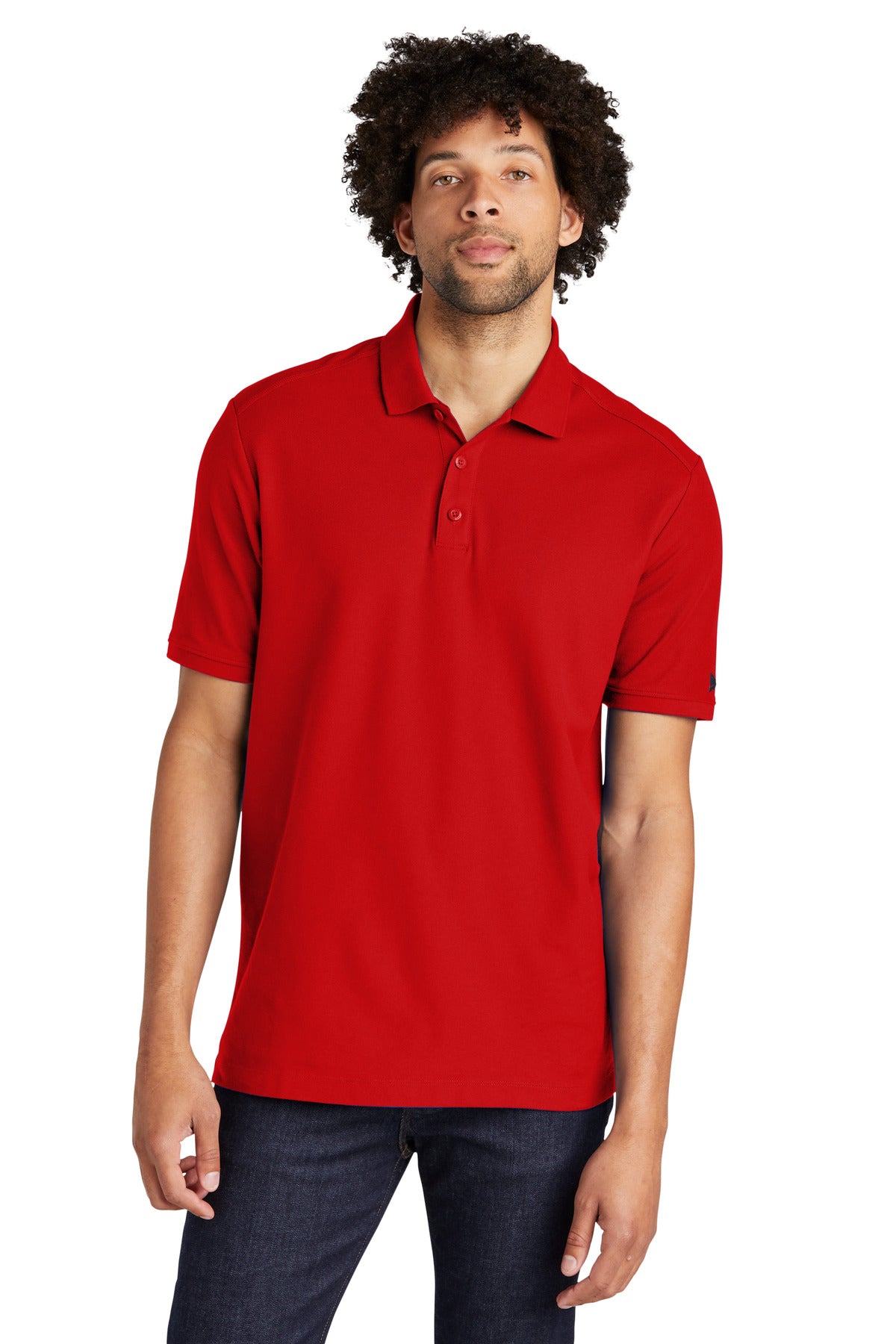 Front View of Scarlet New Era Venue Home Plate Polo. NEA300