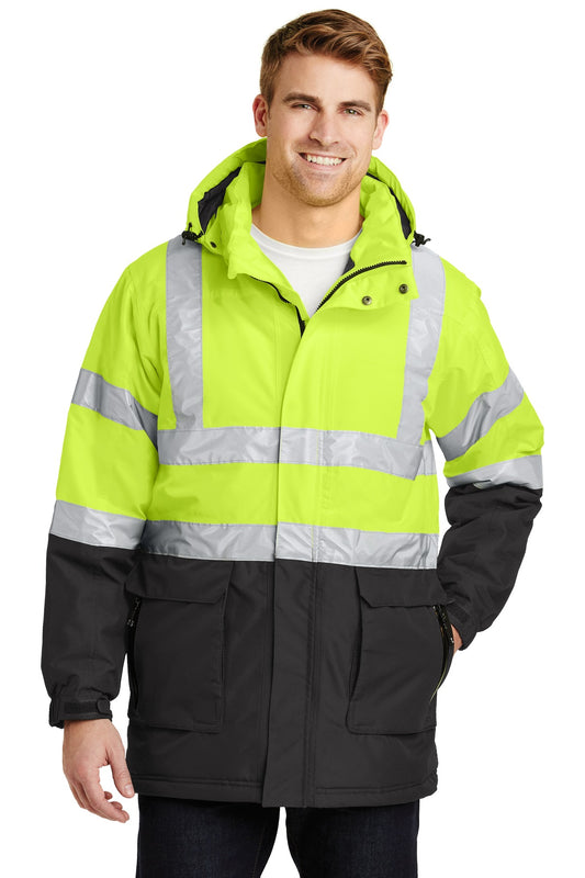 Front View of Sfty Ylw/Black Port Authority ANSI 107 Class 3 Safety Heavyweight Parka. J799S