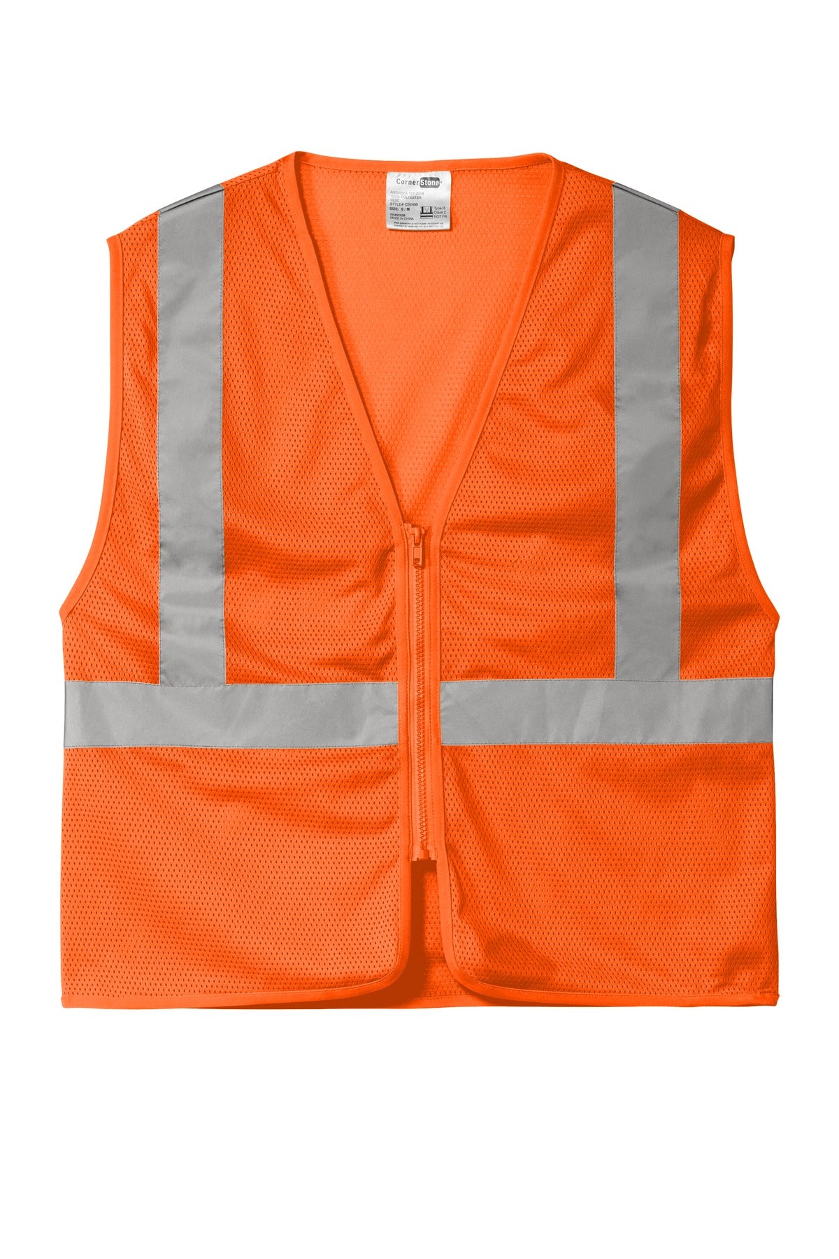 Front View of SftyOrg CornerStone ANSI 107 Class 2 Economy Mesh Zippered Vest. CSV101