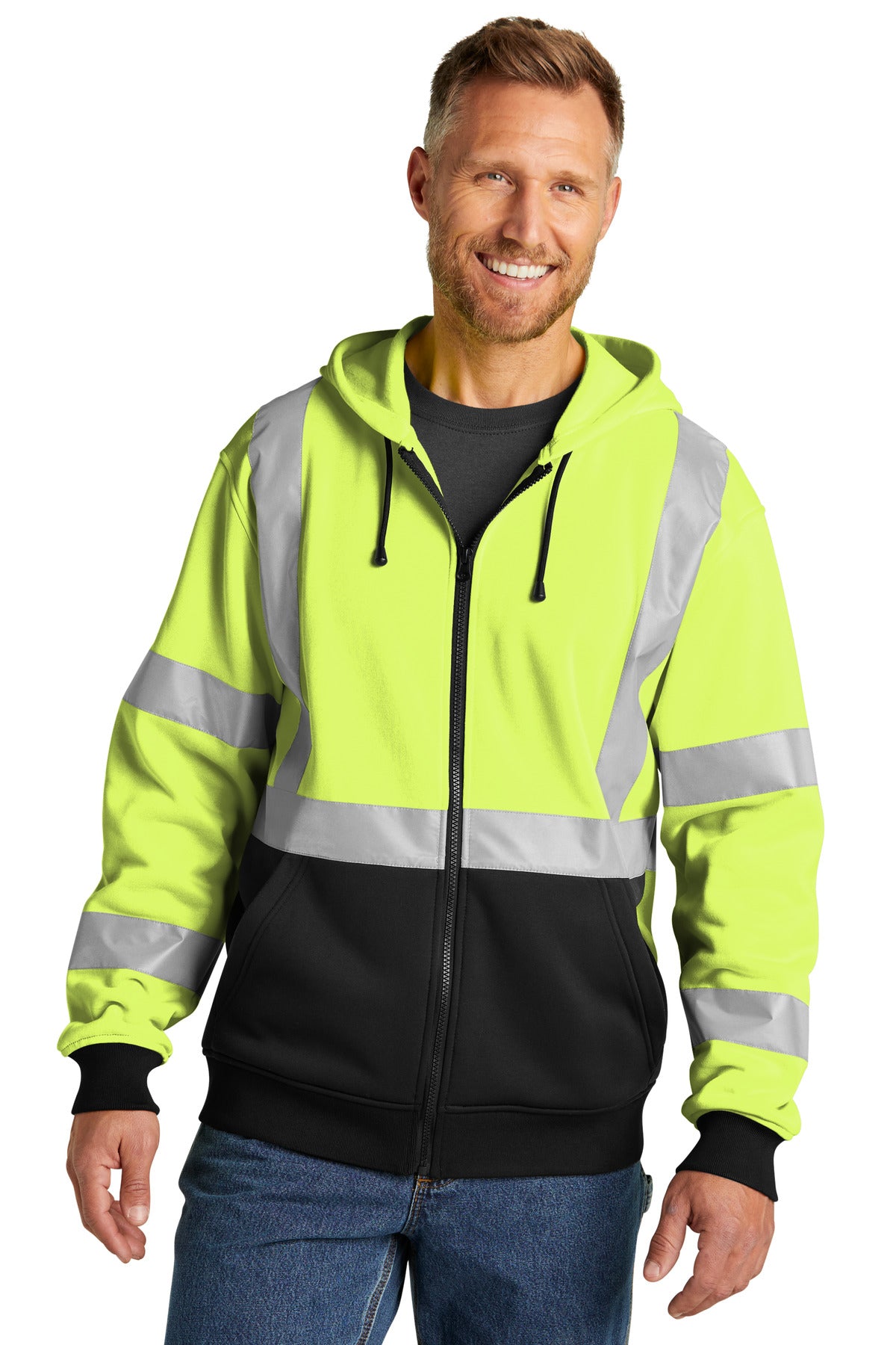Front View of SftyYellow CornerStone A107 Class 3 Heavy-Duty Fleece Full-Zip Hoodie CSF300