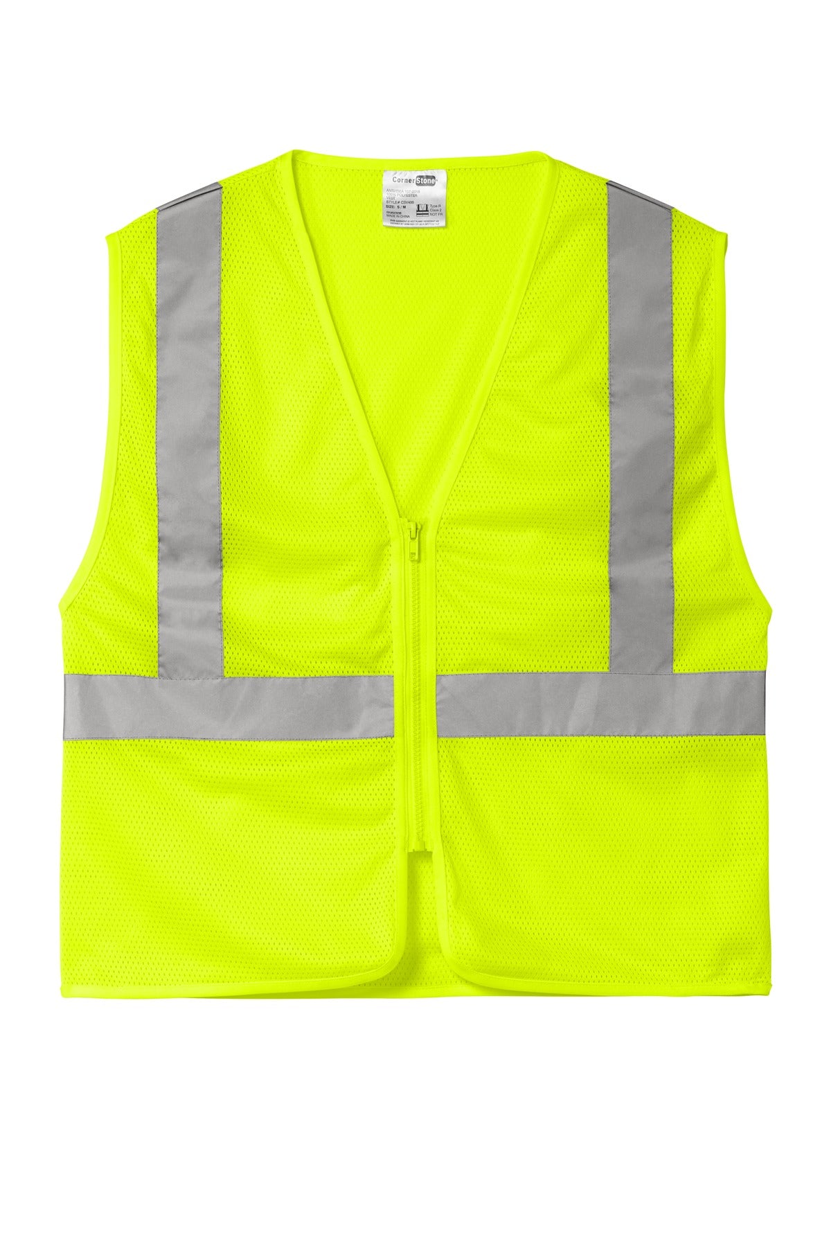 Front View of SftyYellow CornerStone ANSI 107 Class 2 Economy Mesh Zippered Vest. CSV101