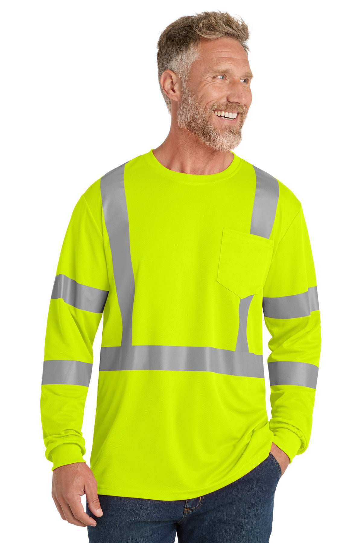 Front View of SftyYellow CornerStone ANSI 107 Class 3 Mesh Long Sleeve Tee. CS203